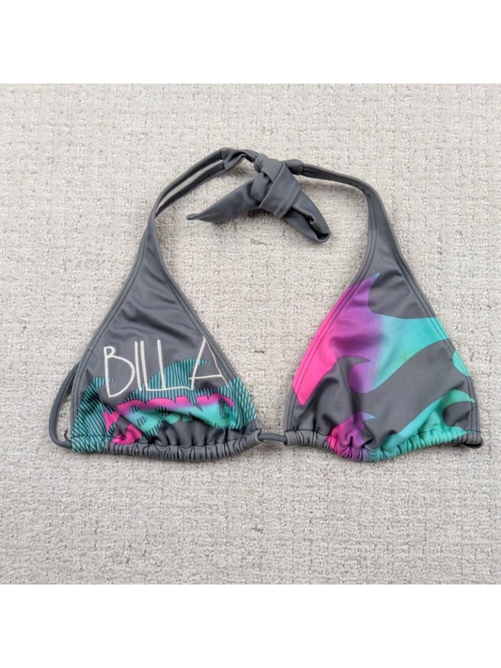 Y2K Billabong Triangle Bikini Top Wave AOP Swim Surfer Glam 2000's Wom Sz L